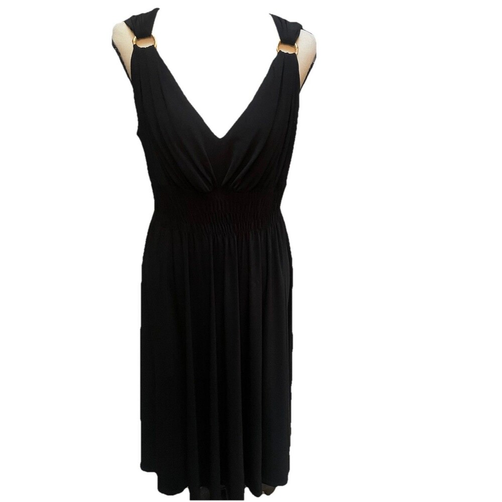 Evan Picone Black Dress 10 Gold O Ring Hardware Cocktail Old Money Coquette LBD